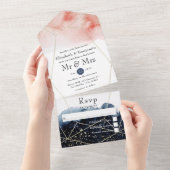 ネイビーと赤面の水彩幾何学模様結婚の オールインワン招待状 (貼ってはがせる)