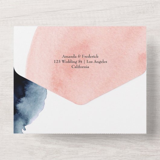 ネイビーと赤面の水彩幾何学模様結婚の オールインワン招待状 (裏面)