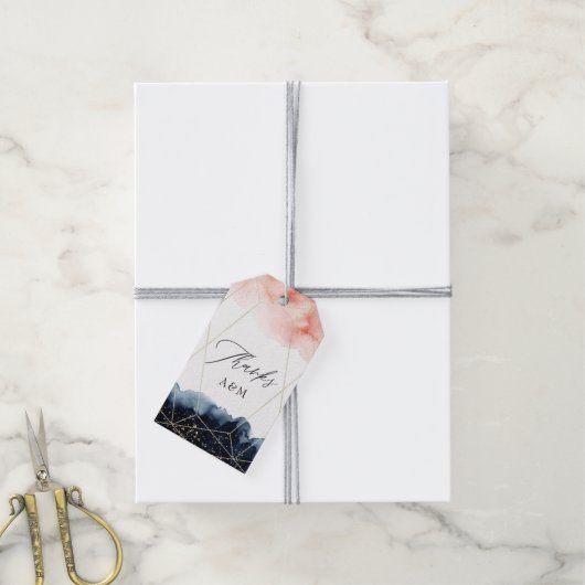 ネイビーと赤面の水彩幾何学模様結婚の ギフトタグ (より糸付き)