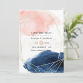 ネイビーと赤面の水彩幾何学模様結婚の セーブザデート (スタンド正面)