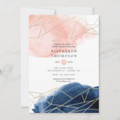 ネイビーと赤面の水彩幾何学的ブライダルシャワー 招待状 (正面)