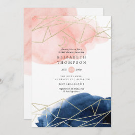 ネイビーと赤面の水彩幾何学的ブライダルシャワー 招待状