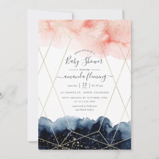 ネイビーと赤面の水彩幾何学赤ちゃんシャワー 招待状 (正面)