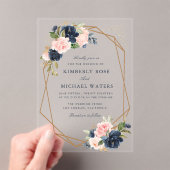 ネイビーと赤面の水色フローラジオメトリック結婚ス アクリル招待状 (インサイチュ (ポータブル))