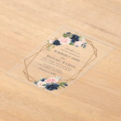 ネイビーと赤面の水色フローラジオメトリック結婚ス アクリル招待状 (レイダウン)