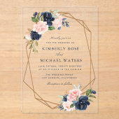 ネイビーと赤面の水色フローラジオメトリック結婚ス アクリル招待状 (正面)