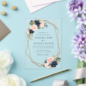 ネイビーと赤面の水色フローラジオメトリック結婚ス アクリル招待状 (インサイチュ (ウェディング))