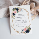 ネイビーと赤面の水色フローラジオメトリック結婚ス 招待状<br><div class="desc">ネイビーブルーと赤面フローラデザインで、中央に文字のある幾何学模様。ピンクの赤面とネイビーブルーの花は、あなたの夏と秋の結婚式のテーマに最適である。このテンプレートの文言、文字サイズ、色、フォントを変更できる。海軍の背景も変更できる。</div>