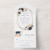 ネイビーと赤面の水色フローラジオメト結婚リ オールインワン招待状 (内側)