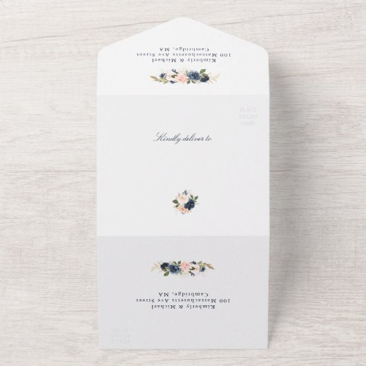 ネイビーと赤面の水色フローラ幾何結婚の オールインワン招待状 (外側)