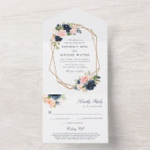ネイビーと赤面の水色フローラ幾何結婚の オールインワン招待状 (内側)