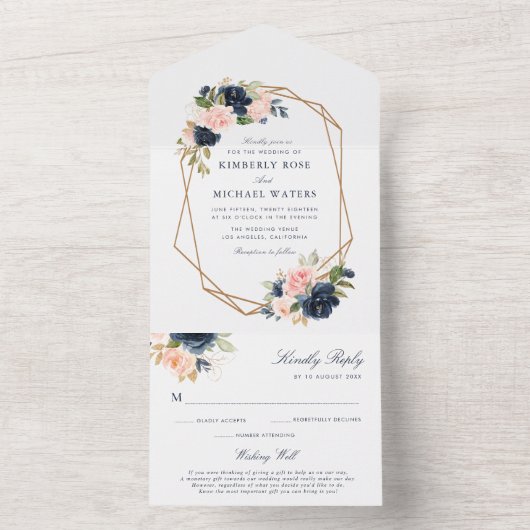 ネイビーと赤面の水色フローラ幾何結婚の オールインワン招待状 (内側)