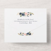 ネイビーと赤面の水色フローラ幾何結婚の オールインワン招待状 (裏面)