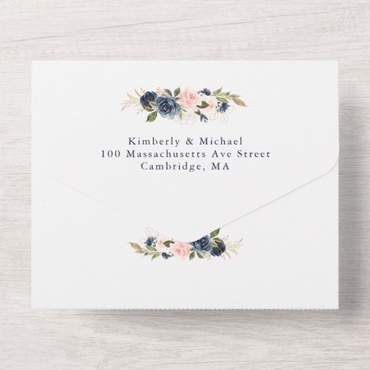 ネイビーと赤面の水色フローラ幾何結婚の オールインワン招待状 (裏面)