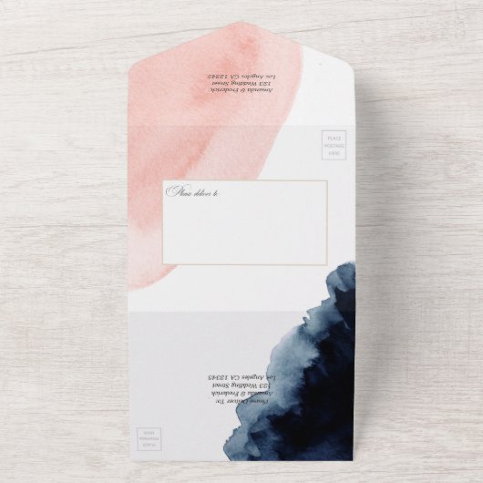 ネイビーと赤面の結婚幾何学的な全てが1つのInvita オールインワン招待状 (外側)