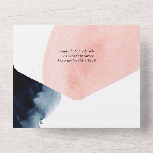 ネイビーと赤面の結婚幾何学的な全てが1つのInvita オールインワン招待状 (裏面)