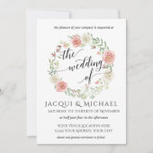 ネイビーと赤面アイボリーバラ、リーフリース結婚付き 招待状 (正面)