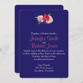 ネイビーと赤面ストライプフラワーズ結婚式招待状 招待状 (正面/裏面)