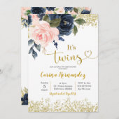 ネイビーと赤面ツインズベビーシャワー招待状 招待状 (正面/裏面)