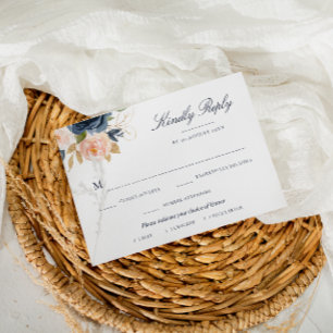 ネイビーと赤面ピンクのフローラ食事の選択RSVPカード 出欠カード