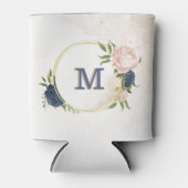 ネイビーと赤面ピンクの花の緑 缶クーラー (正面)