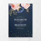 ネイビーと赤面ピンクの花模様エレガントな結婚式Tri-Fo 三つ折り招待状 (カバー)