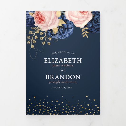 ネイビーと赤面ピンクの花模様エレガントな結婚式Tri-Fo 三つ折り招待状 (カバー)