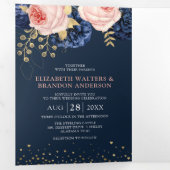 ネイビーと赤面ピンクの花模様エレガントな結婚式Tri-Fo 三つ折り招待状 (内部最初)