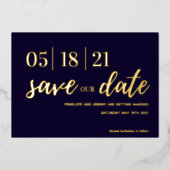 ネイビーと赤面ピンクの金ゴールドフォイルのスクリプトは日付を保存 箔招待状 (正面)