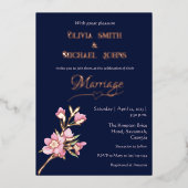 ネイビーと赤面ピンクの金ゴールドフローラ結婚式招待状 箔シーズンカード (正面)