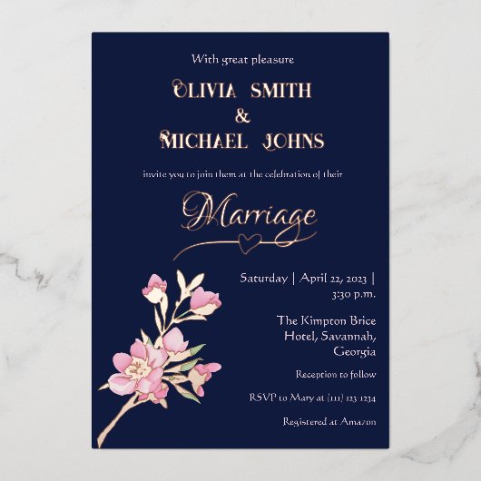 ネイビーと赤面ピンクの金ゴールドフローラ結婚式招待状 箔シーズンカード (正面)