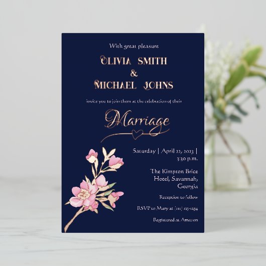 ネイビーと赤面ピンクの金ゴールドフローラ結婚式招待状 箔シーズンカード (立ち正面)