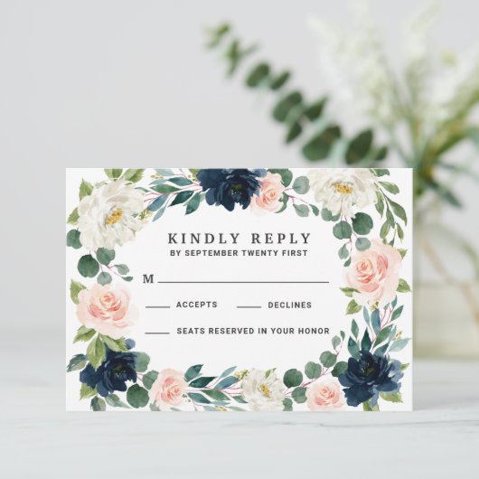 ネイビーと赤面ピンクウォーターカラーウェディングRSVPカード 出欠カード (スタンド正面)