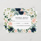 ネイビーと赤面ピンクウォーターカラーウェディングRSVPカード 出欠カード (正面/裏面)