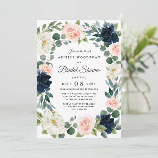 ネイビーと赤面ピンクウォーターカラーブライダルシャワー 招待状 (スタンド正面)