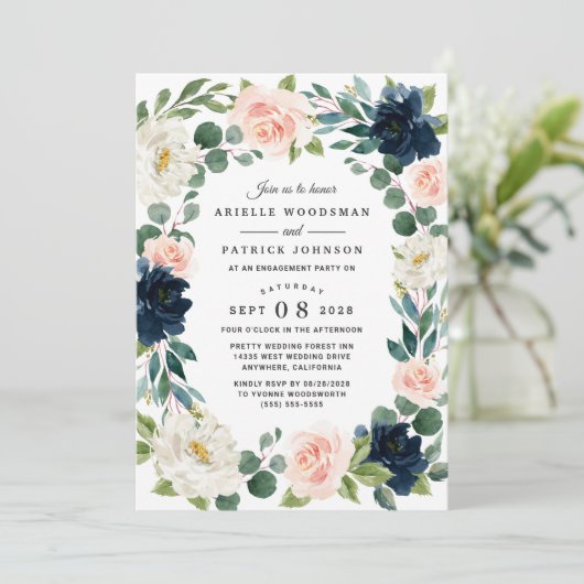 ネイビーと赤面ピンクウォーターカラー婚約パーティ 招待状 (スタンド正面)