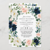 ネイビーと赤面ピンクウォーターカラー婚約パーティ 招待状 (正面/裏面)