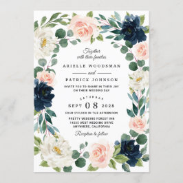 ネイビーと赤面ピンクウォーターカラー結婚式招待状 招待状