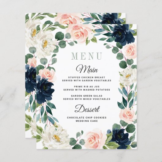 ネイビーと赤面ピンクウォーター結婚カラーのメニューカード (正面/裏面)