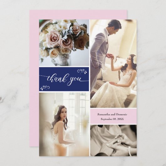 ネイビーと赤面ピンクスクリプトありがとうコラージュ サンキューカード (正面/裏面)