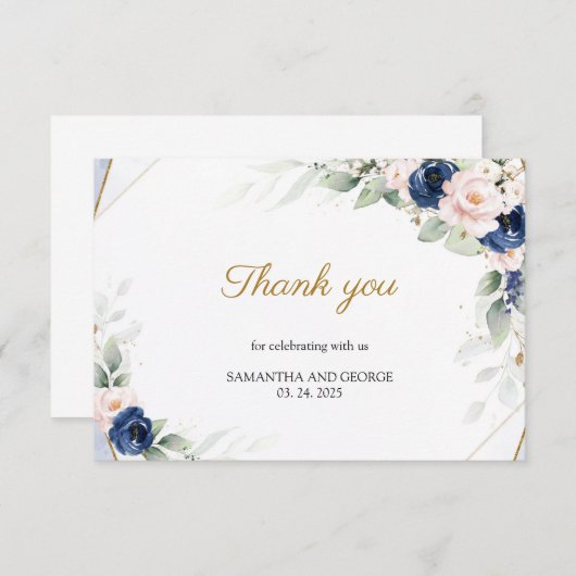 ネイビーと赤面ピンクフローラ金ゴールド緑ありがとう エンクロージャーカード (正面/裏面)