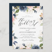 ネイビーと赤面ピンクローズ結婚式招待状 招待状 (正面/裏面)