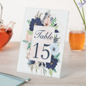 ネイビーと赤面ピンク結婚フローラのテーブル番号 台座サイン (インサイチュ)