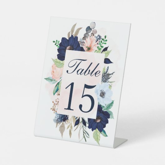 ネイビーと赤面ピンク結婚フローラのテーブル番号 台座サイン (正面)