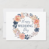 ネイビーと赤面フローラリースハッピーウェディングデー カード (正面)