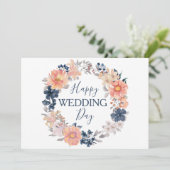 ネイビーと赤面フローラリースハッピーウェディングデー カード (スタンド正面)