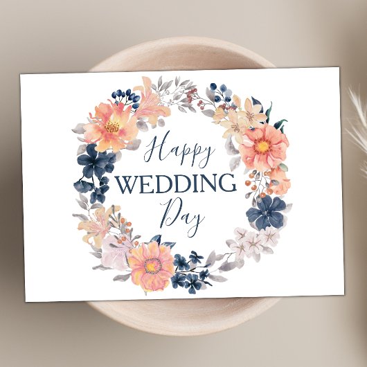 ネイビーと赤面フローラリースハッピーウェディングデー カード