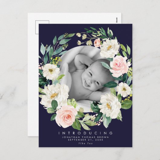 ネイビーと赤面フローラ新生児写真はがき シーズンポストカード (正面/裏面)