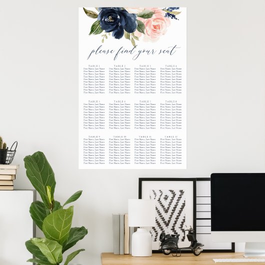 ネイビーと赤面結婚ピンクの座席表 ポスター (ホームオフィス)