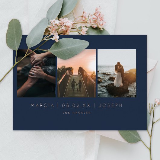 ネイビーと赤面3 Photo Save the Date 箔招待状